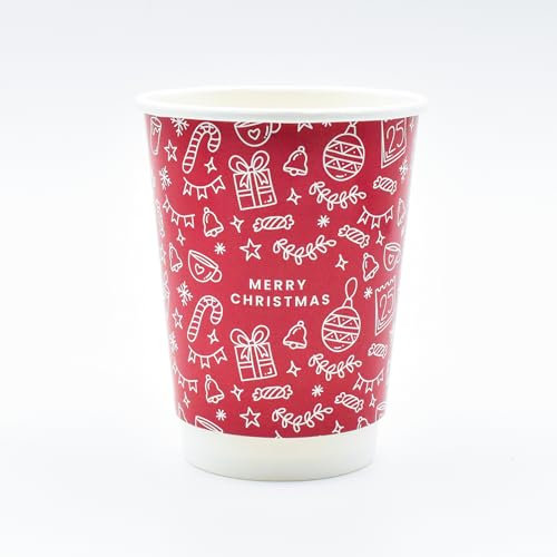 Merry Christmas 12oz Paper Cups - Disposable Christmas Takeaway Coffee Cups (Red, 200)