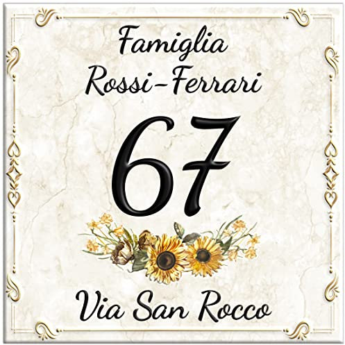 LMK DECO Numero Civico Targa Decorativa PERSONALIZZABILE,Numero Civico su Mattonella in Ceramica 15x15cm, 20x20cm con Indirizzo e Nome Famiglia Personalizzato,Numeri Civici Moderni. (S)