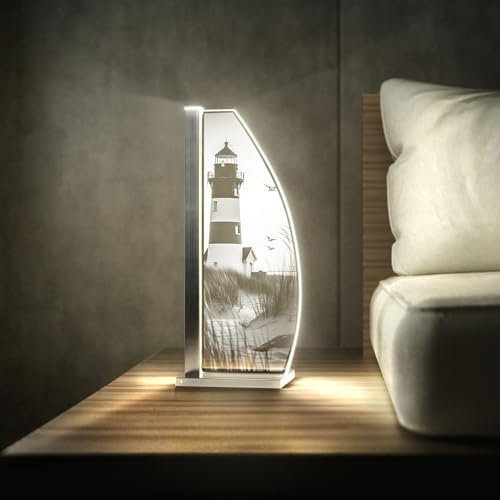 Luverre Tischlampe | LED-Leuchte | Glas-Leuchte mit Gravur für Nachttisch, Kommode, Wohnzimmer | Leuchtturm, Küste, Düne (Leuchtturm, Segel | silber)