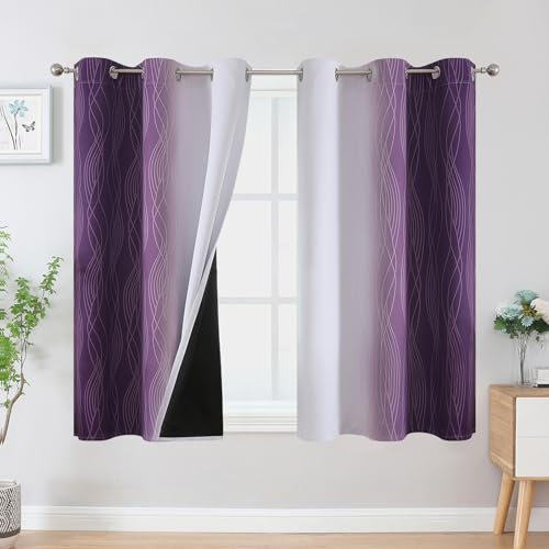 VEHEDE Purple White Colour Gradient Curtains with Eyelets in the Living Room, Ombre Curtains 137 cm Long, Bedroom Thermal Insulation and Blackout Curtains, H 137 cm x W 107 cm, Set of 2