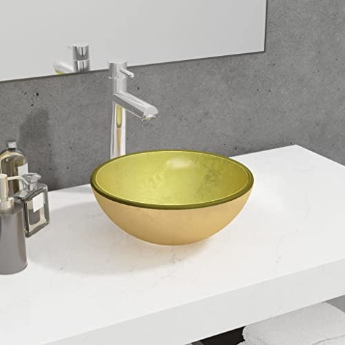 Lavandino in Vetro Temperato 30x12 cm Oro,Lavabo da Appoggio in Vetro Temperato Oro per Bagno, Sala Cosmetici, Cucina e Postazione di Lavoro