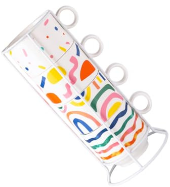 Garneck Ensemble De 4 Tasses À Café Empilables En Céramique Avec Support En Fer Pour Thé Et Café