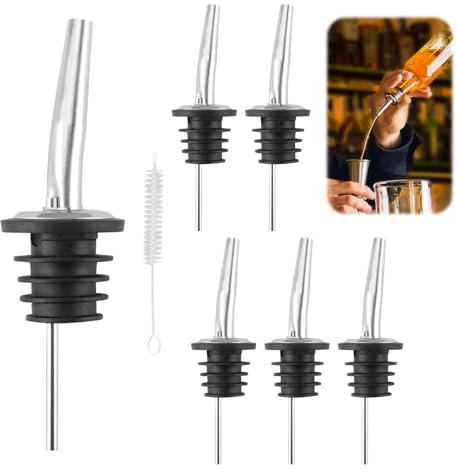 6 Pcs Bottle Pourers for Spirits Stainless Steel Freeflow Pourer Spirit Pourer with Cleaning Brush Bottle Speed Pourers Tapered Spout for Wine Spirits Alcohol Olive Oil Syrup Vinegar