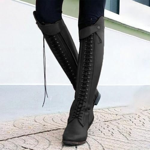 OZMDXKJ Botas Altas Ecuestres, Caballero Piel Sintética Punta Redonda Botas Ecuestres Térmicas hasta Rodilla Mujer Cordones Antideslizantes Impermeables Tacón Bajo para Unisex/Invierno,39,Black