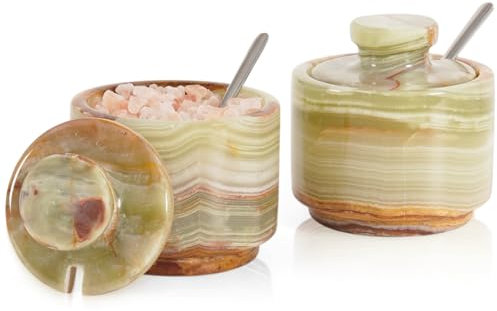 Green Onyx Marble Salt Cellar with Lid and Spoon 3 Inch Salt Containers for Countertop Marble Pepper and Sugar Bowl