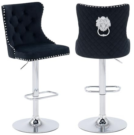Chummaven Samt Barhocker 2er Set Barstuhl Moderne Tresenhocker Drehbar Küchenhocker mit Löwenklopfer und Nietenrand Gepolsterte Höhenverstellbare Barstühle für Hausbar Kücheninsel Schwarz