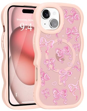 Teageo Magnetic Case for iPhone 15, Pink Frame, Oil painting bow | Compatible with MagSafe, Fashion Phone Case, Non-slip Bow Pattern, Cute for Women Girls, Wave Frame