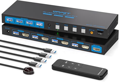 HDMI KVM Switch 4 Computer 1 Monitor 4K @ 60HZ 4 Port KVM Switches for 4 PC Share Single Monitor and 4 USB 3.0 Devices, Such as Keyboard Mouse Printer, with Controller, Plug and Play