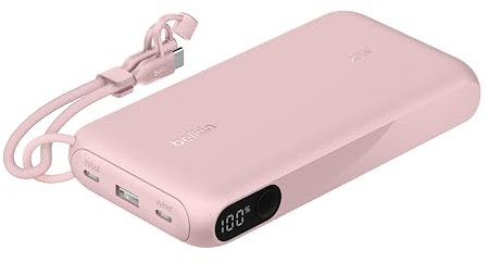Belkin Batería Externa USB-C de 20 000 mAh, Power Bank con 2 Puertos USB Tipo C y 1 Puerto USB-A, Pantalla Digital, 20 W para iPhone 16 Series, Samsung Galaxy S25, Pixel 9, iPad y Otros, Rosa