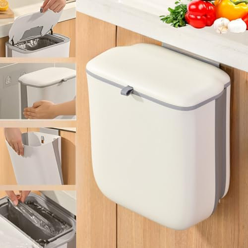HIKENRI 10L Collapsible Hanging Kitchen Bin,Food Waste Bin,Wall Mounted Bin,Cupboard Under Sink Bin,Camping Bin With Lid,Caravan Door Bin for Bedroom,Cabinet,Toilet,Office,Kitchen(Cream)