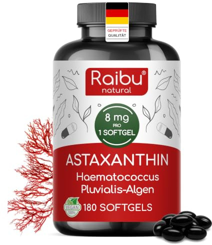 Astaxanthin Hochdosiert - 180 Vegane Astaxanthin Kapseln (Softgels): 6 Monate Vorrat - 8 mg pro Softgel - Premium-Rohstoff aus Haematococcus pluvialis Algenextrakt - Ohne Zusatzstoffe