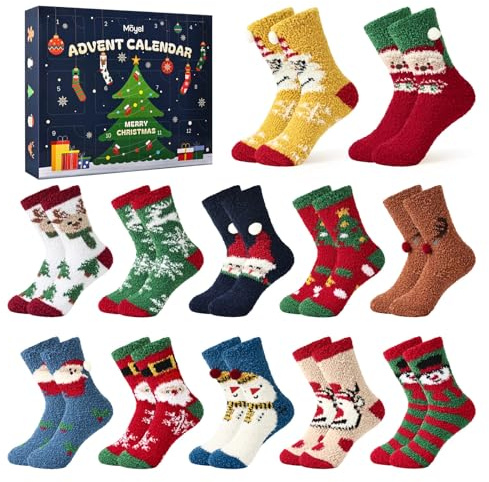 Moyel 12 Paar Adventskalender Kuschelsocken Kinder 8-12 Jahre Adventskalender 2025 Kinder Weihnachtskalender Mädchen Befüllen 2025 Advent Calendar Adventkalender Geschenke Junge Teenager