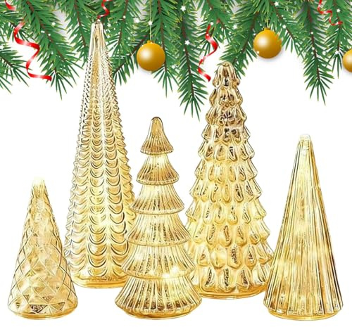 Sapin De Noël Artificiel | 5 Pièces Verre LED Petite Décoration d'Intérieur | Arbre De Noël avec Éclairage LED,pour Bureau Étagère Cheminée Chambre Salon Dortoir