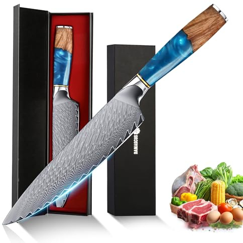 hoforife 20cm Damascus Chef's Knife & Ergonomic Handle Blue | Japanese 67 Layers High Carbon VG10 Steel Core, Ultra Sharp Cooking Knives Family & Restaurant, Gift Box