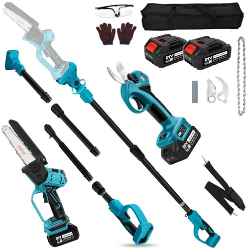 Mini Motosega a Batteria 6 Pollici & 45 mm Forbici Potatura con 21V 2X 4000mAh, 4 IN 1 Sega Telescopica Potatore, Sega Elettrica con Telescopico Asta Brushless per Potatura, Auto-Lubrificante