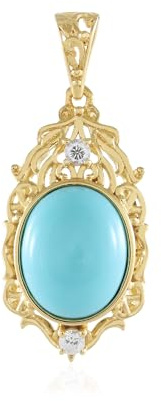 Cavill Dornröschen Türkis Anhänger 925er Sterling Silber vergoldet mit ovalem Cabochon 2,475 ct und 2 kambodschanischen Zirkonen, 27x11 mm, filigranes Design, hellblaues Schmuckstück