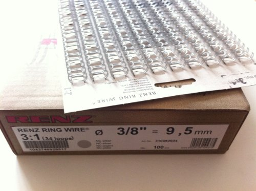Renz Ring Wire Drahtkamm-Bindeelemente in 3:1 Teilung, 34 Schlaufen, Durchmesser 9.5 mm, 3/8 Zoll, silber matt