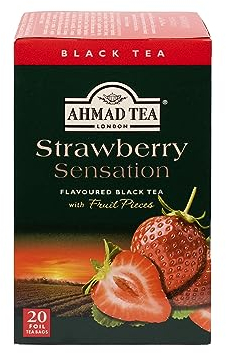 Ahmad Tea - Strawberry Sensation - Schwarztee mit Erdbeere - Mit Fruchtstücken - Einzeln Verpackte, Aromaversiegelte Teebeutel mit 2g Tee pro Portion - 20 Teebeutel mit Band