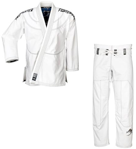 Ju-Sports Fighter 2.0 Jujutsu Anzug Herren & Damen weiß - Superleichter Gi mit BJJ Schnitt 100% Baumwolle, Topmodernes Design mit schönen Stickverzierungen