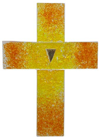 kruzifix24 Kunsthandwerk Glaskreuz Wandkreuz Schmuckkreuz gelb orange Fusingglas Dreieck Blattgold 12 x 8,5 cm Glaskunst Unikat Taufkreuz Kinderkreuz