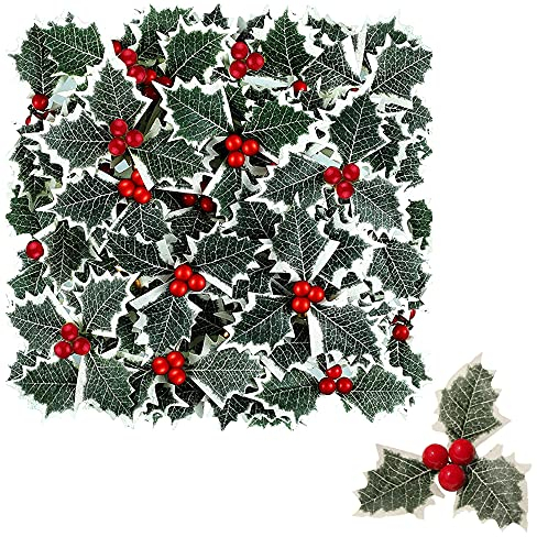 MEZHEN Holly Leaves Weihnachten Deko Künstliche Beeren Stechpalmenblätter für Christmas Party Weihnachten Dekoration Kranz DIY Weihnachtsbaum Tischdekoration 20 Stück