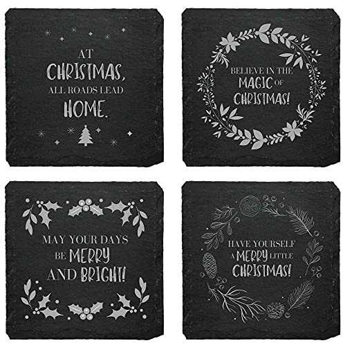 Schiefer Untersetzer Set (4 STK.) Weihnachten/Christmas für Gläser - Raclette-Untersetzer mit Gravur für Weihnachten - Weihnachtsdeko (Set 1)