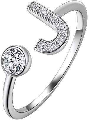 Suplight Damen Offener Ring 925 Sterling Silber Solitärring Diamant Initiale Alphabet Fingerring mit Buchstabe J Geschenk für Frauen Mädchen