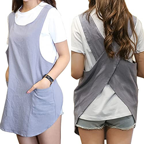 MeYuxg Japanischer Stil, Schürze, einfarbig, Baumwolle, Leinen, gekreuzte Schürze, X-Form, mit Taschen, für Küche, Bäckerei, Floristin, Keramik, grau, 36