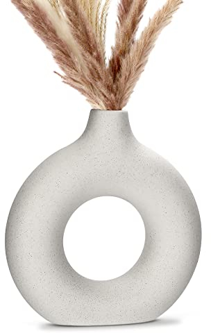 Donut Vase Weiß für Pampasgras, Keramik Vase Moderne Deko Kunst Vase Runde Form Vase, Handmade Vase Matt, Abstraktion Blumenvase für Wohnzimmer Büro Dekoration, M (Weiß)
