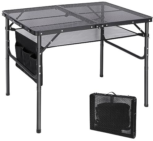 REDCAMP Tragbarer Klappbarer Grilltisch mit Mesh Desktop, 90 x 60cm Leichter Faltbarer Campingtisch für Camping Kochen BBQ RV Picknick, einfach zu montieren mit einstellbaren Höhenbeinen, schwarz