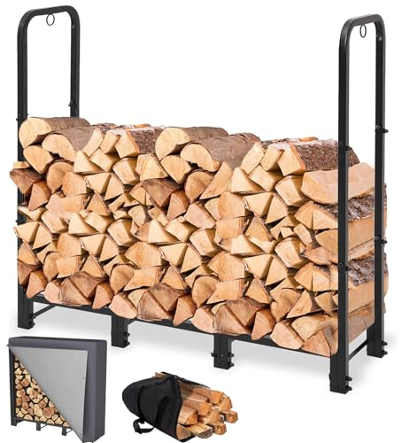 NEOCOZY Estante de leña resistente para interiores y exteriores, estante de almacenamiento de leña con cubierta impermeable, juego combinado, color negro, 1,2 m