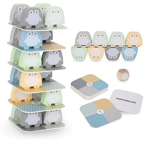 mamabrum, Geschicklichkeitsspiel aus Holz – Pinguin auf Pinguin, 36 Bunte Holzpinguine, 9 langlebige Pappkarten, 1 Würfel, für Kinder ab 3 Jahren