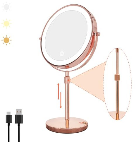 Nicesail LED Makeup Mirror 10X Magnification, 8 Inch Light Magnifying Mirror with 3 Color Light, Height Adjustable Brightness Vanity Mirror with Stand, 360 Rotation Double Sided for Make up, Rose Gold