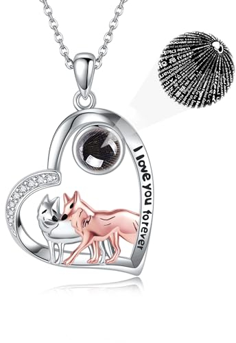 Wolf Kette 925 Sterling Silber mit Stein von I Love You in 100 Sprachen Wolf Herz Form Anhänger Tier Halskette Valentinstag Schmuck Geschenke für Freundin Damen Frauen Tierliebhaber
