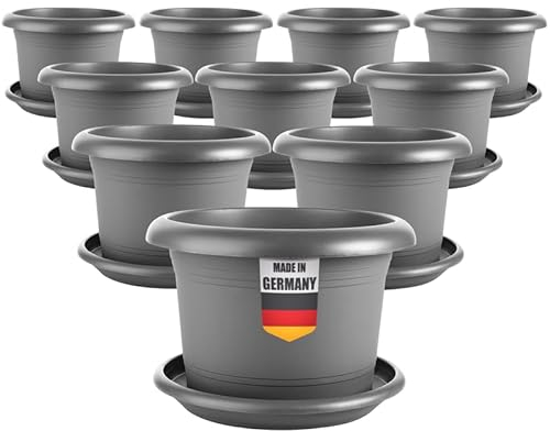 2friends Elegantes 10er-Set Blumentopf groß 40 cm Durchmesser - Pflanzkübel groß außen in Anthrazit, mit Untersetzer, Robust & Frostsicher, aus Kunststoff, für Garten, Balkon, Terasse
