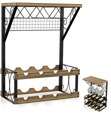 NAVERIT Botellero Vino Inspirador: Vinoteca 8 Botellas, Wine Rack de Estilo Rústico-Industrial, Garrafeira con Balda de Madera, Ideal para Amantes del Vino y Hogares con Poco Espacio