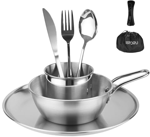 Camping Cutlery Set for 1,ISFORU Stainless Steel Portable Camping Plates and Bowls Set for Outdoor Hiking and Picnic