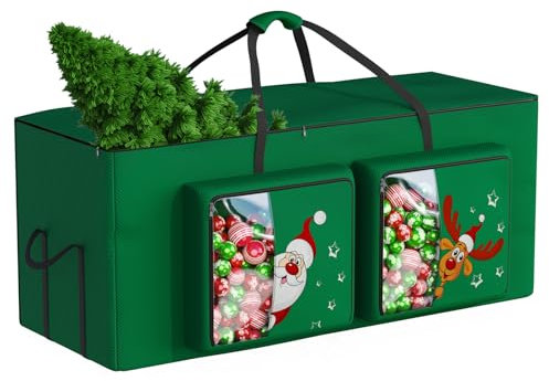 Alupssuc Christmas Tree Storage Bag 9ft,Large Bauble Decoration Storage Box,Christmas Ball Storage,600d Oxford Sturdy and Durable,Waterproof Storage Bag,Side Pocket Store With Cute Pattern-Green