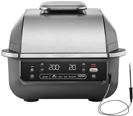 Ninja 5-in-1 Indoor Grill & Air Fryer, 5 Cooking Functions, Make Up to 4 Burgers, 5.7L capacity, Low Smoke, Includes Digital Meat Thermometer, Black/Silver, EG351UK