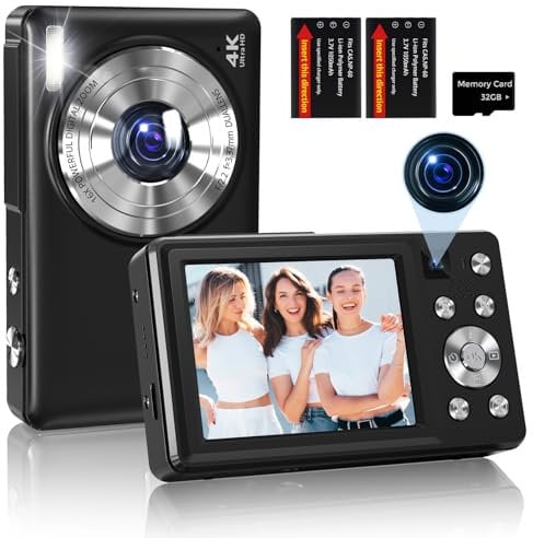 Fotocamera Digitale 4K 64MP Autofocus Macchina Fotografica Digitale Compatta per Vlogging con Doppio Obiettivo, Schermo da 2,8, Zoom 16X, 2 Batterie, per Adolescenti Adulto e Principianti Nero