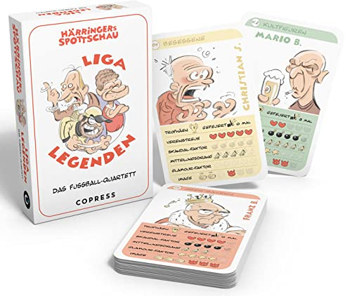 Härringers Spottschau Liga Legenden. Das Fußball-Quartett. Kartenspiel für Fußball-Fans: 2 Spielvarianten, 32 Charaktere, 8 Kategorien. Ikonen des deutschen Fußballs als witzige Comic-Figuren