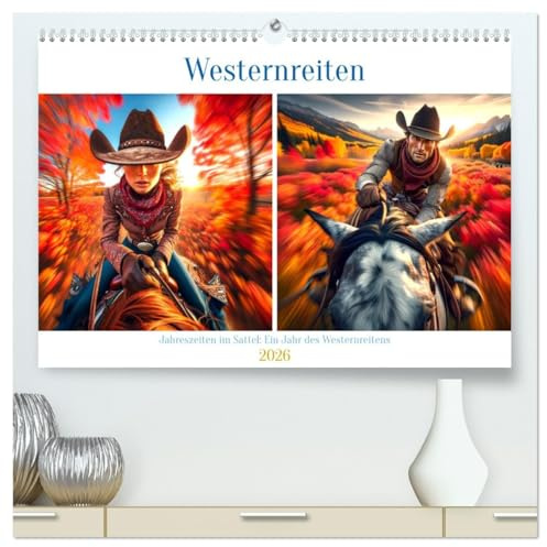 Westernreiten - Jahreszeiten im Sattel (hochwertiger Premium Wandkalender 2026 DIN A2 quer), Kunstdruck in Hochglanz: Durch alle vier Jahreszeiten im Westernsattel. (CALVENDO Hobbys)