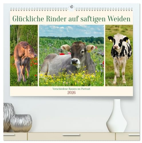 Glückliche Rinder auf saftigen Weiden (hochwertiger Premium Wandkalender 2026 DIN A2 quer), Kunstdruck in Hochglanz: Verschiedene Rinderrassen im Portrait (CALVENDO Tiere)