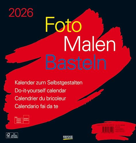 Foto-Malen-Basteln Bastelkalender schwarz groß 2026: Fotokalender zum Selbstgestalten. Do-it-yourself Kalender mit festem Fotokarton. Format: 45,5 x 48 cm