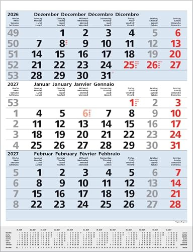 3-Monats-Planer Comfort Blau 2027: 3-Monatskalender groß I Wandplaner / Bürokalender mit Datumsschieber, Vor-und Nachmonat und Jahresübersicht I 30 x 39 cm