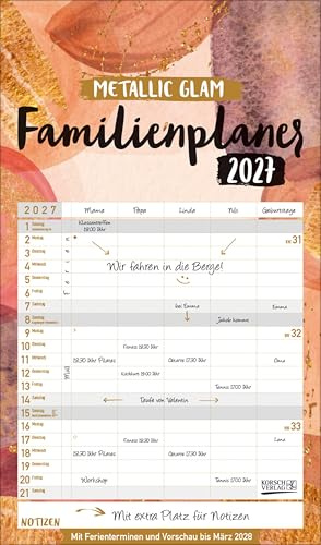 Familienplaner Metallic Glam 2027: Familienkalender, 5 breite Spalten, echter Metallic Glanz. Mit Ferienterminen, Vorschau bis März 2027 und vielem mehr.