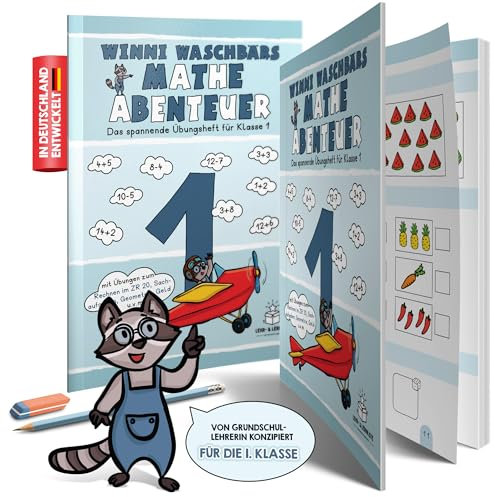 1. Klasse Mathe Übungsheft: Winni Waschbärs Mathe Abenteuer: Das spannende Übungsheft für die 1. Klasse - Rechnen lernen in der Grundschule - Mathe-Aufgaben mit Lösungen im Zahlenraum bis 20
