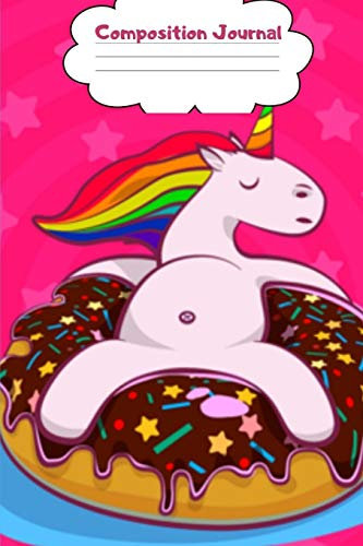Composition Journal: Wide Ruled Primary 110 Sheets with Rainbow Unicorn with Stars lounging on Sprinkled Donut Pool Float Cover Elementary School Supplies