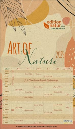 Familienplaner Art of Nature aus Graspapier 2025: Nachhaltiger Familienkalender mit 6 breiten Spalten. Mit Ferienterminen, extra Spalte. 27 x 46 cm