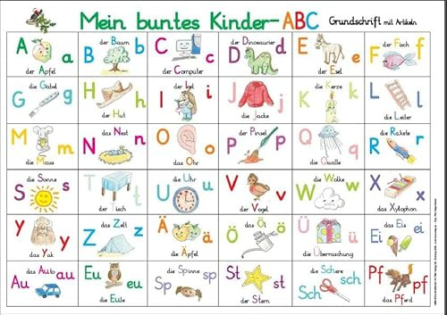Mein buntes Kinder-ABC: Lernposter in Grundschrift mit Artikeln DINA 4 laminiert